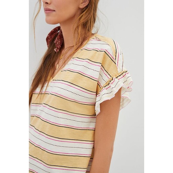 Striped Anthropologie Pilcro Ruffled Short Sleeve Relaxed V-Neck Tee (NWT) - Picture 2 of 4